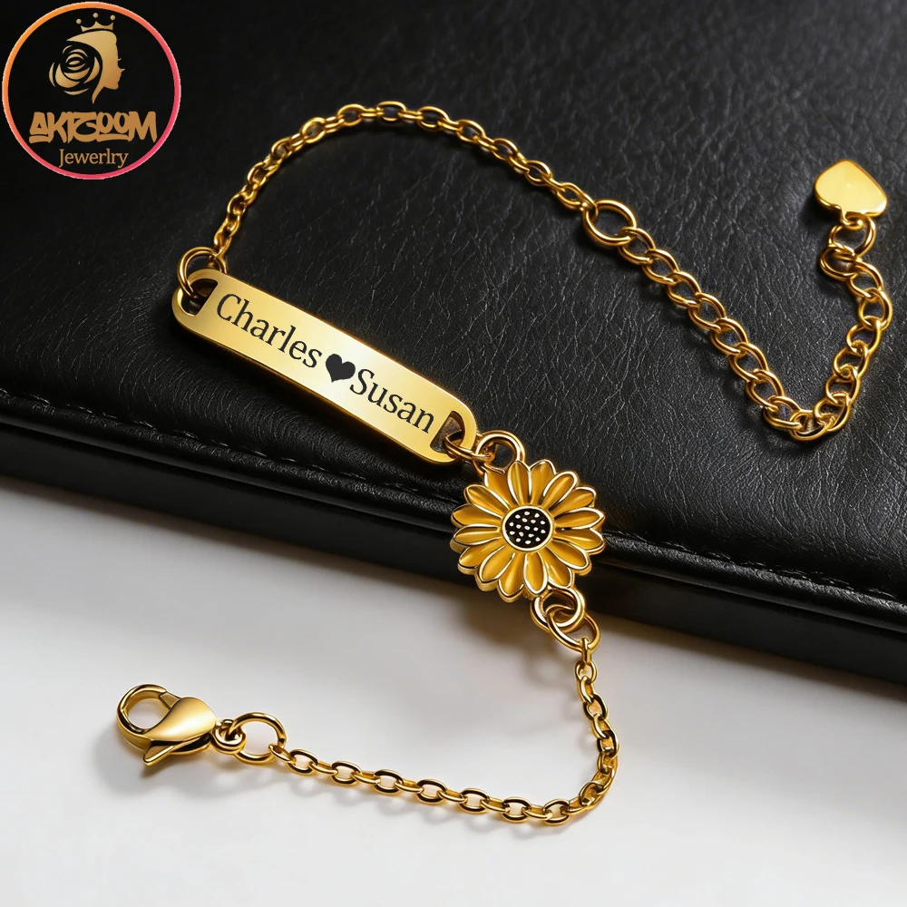 

Akizoom Engrave Name Custom Sunflower Bracelets for Woman Gold Color Stainless Steel Customized Kid Child Bracelets Jewelry Gift