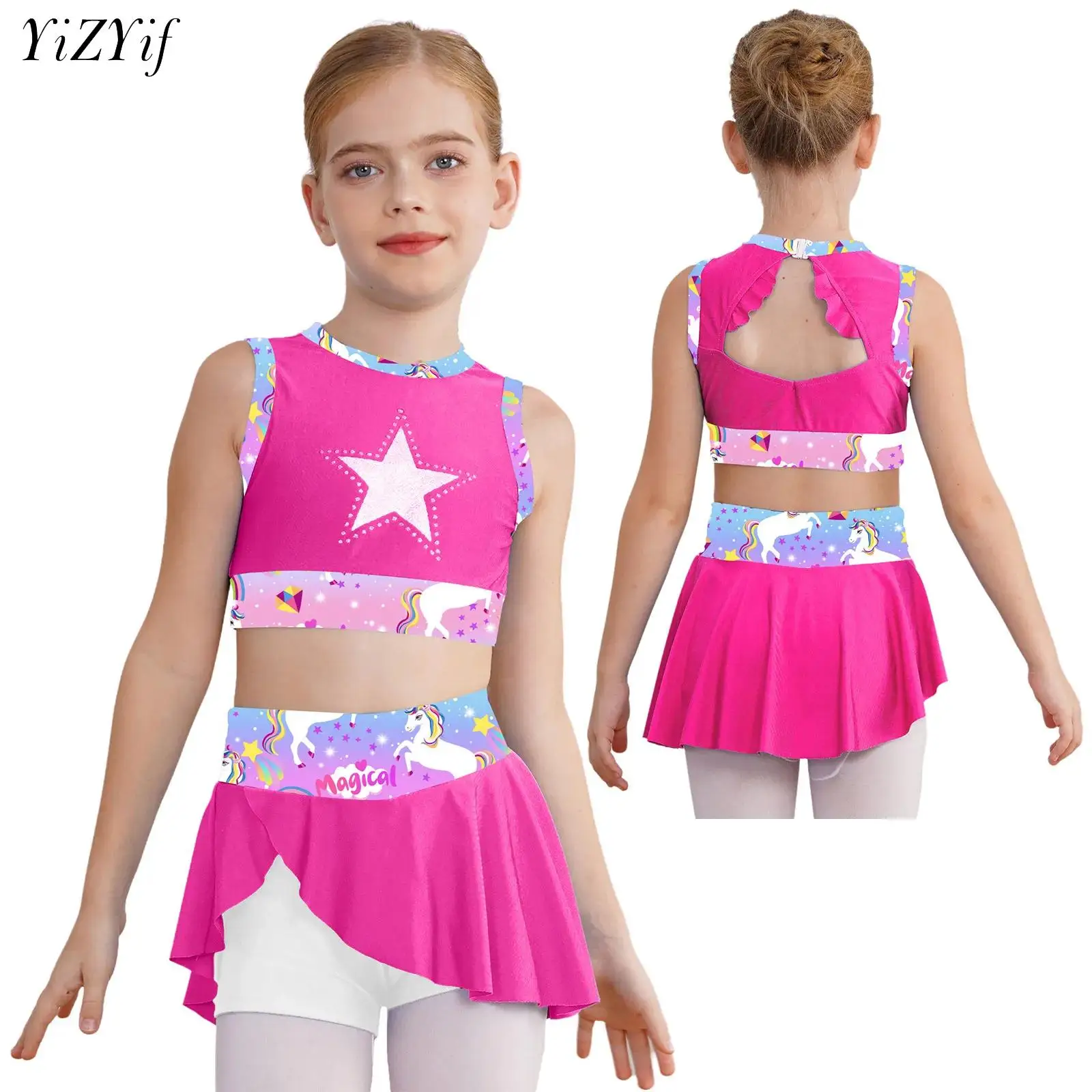 

Спортивная одежда для гимнастики и танцев для девочек, майка без рукавов с принтом и спортивной юбкой, танцевальная одежда для черлидинга, спортивная одежда, купальники
