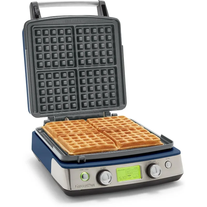 4 square Belgian waffle irons and classic waffle iron with adjustable shading/crispness control