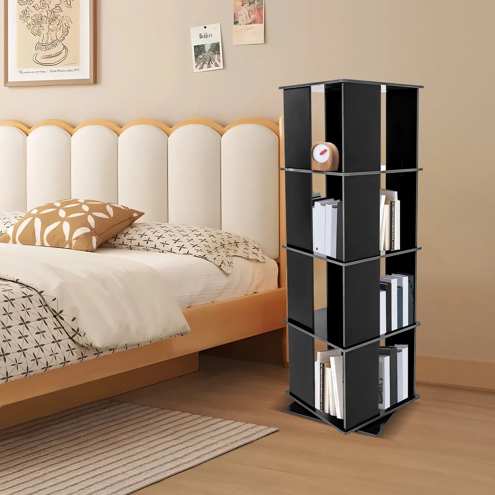 

4-Tiers Bookcase Storage Shelf 360° Rotating Bookshelf Freestanding Display Rack 15.75*15.75*50in