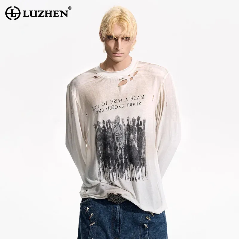 LUZHEN Sleeve 2026 Long New Thin Fashion High Quality T-shirts Men's Original Printed Round Neck Casual Tops Male Clothes JY8218