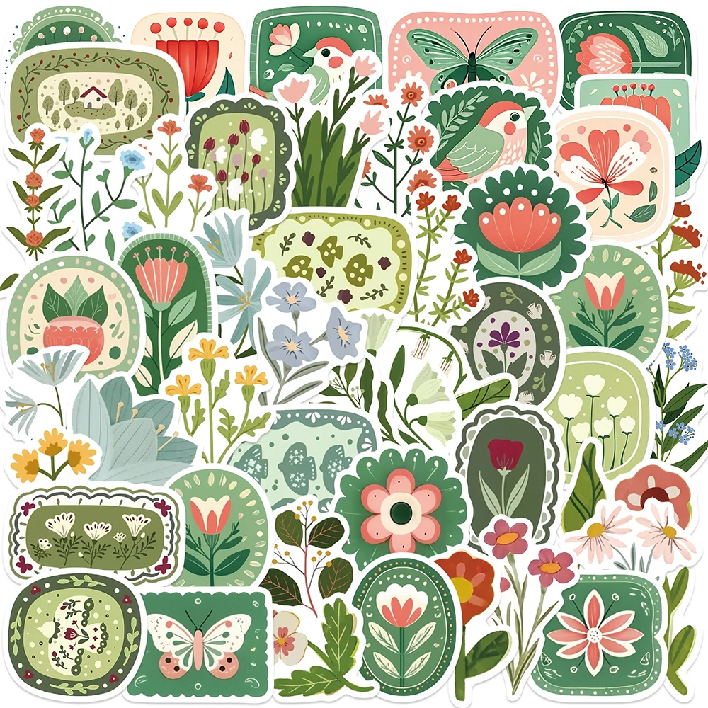 10/30/50pcs Cartoon Vintage Green Floral Plant Stickers Aesthetic DIY Suitcase Notebook Phone Laptop Retro Art Decals Decoration
