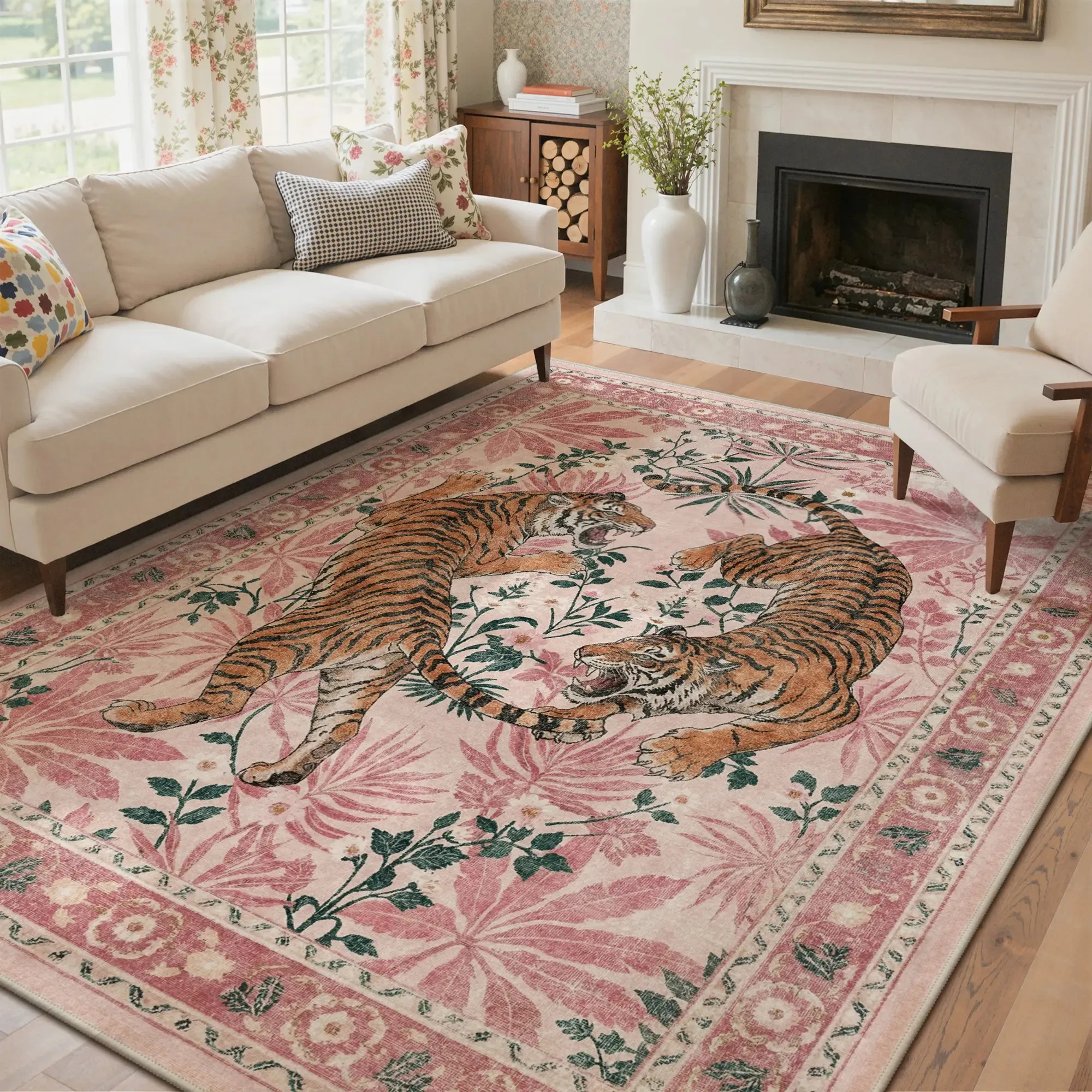 VIKAMA Boho Tiger Floral Large Area Rug Retro Botanical Pattern Non‑Slip Floor Mat for Living Room Bedroom Home Decor