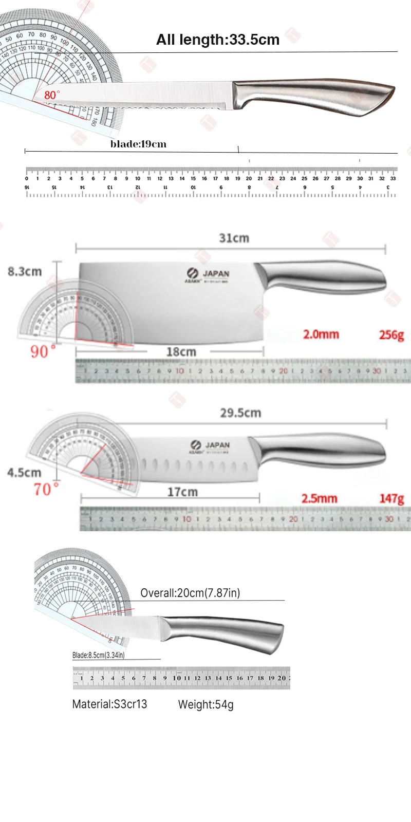 All Steel Professional Kitchen Knife Set 7inch Santoku Knife Meat Cleaver Boning Knife  Bread Cutting Kitchen Accessories