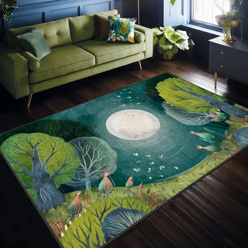 Floral Moon Rug Nature-Inspired Decorative Rug Washable Non-Slip Rug Vibrant Floral Rug Indoor-Outdoor Home Decor Rug Large