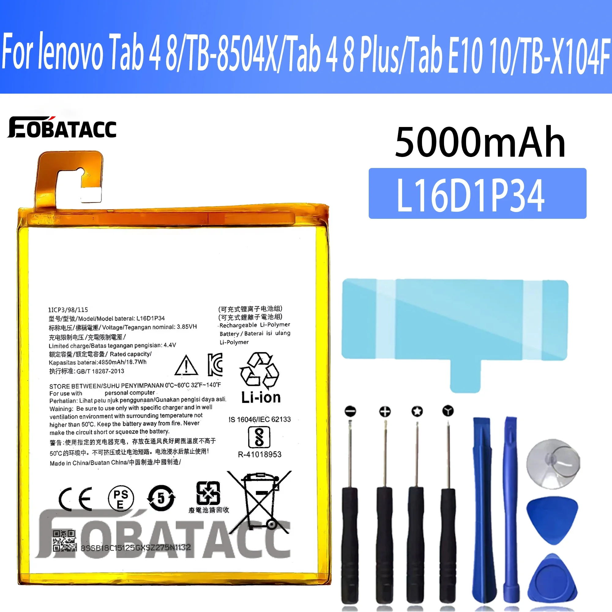 

100% New Original Battery L16D1P34 For lenovo Tab 4 8/TB-8504X/Tab 4 8 Plus/Tab E10 10/TB-X104F Battery + Free Tools