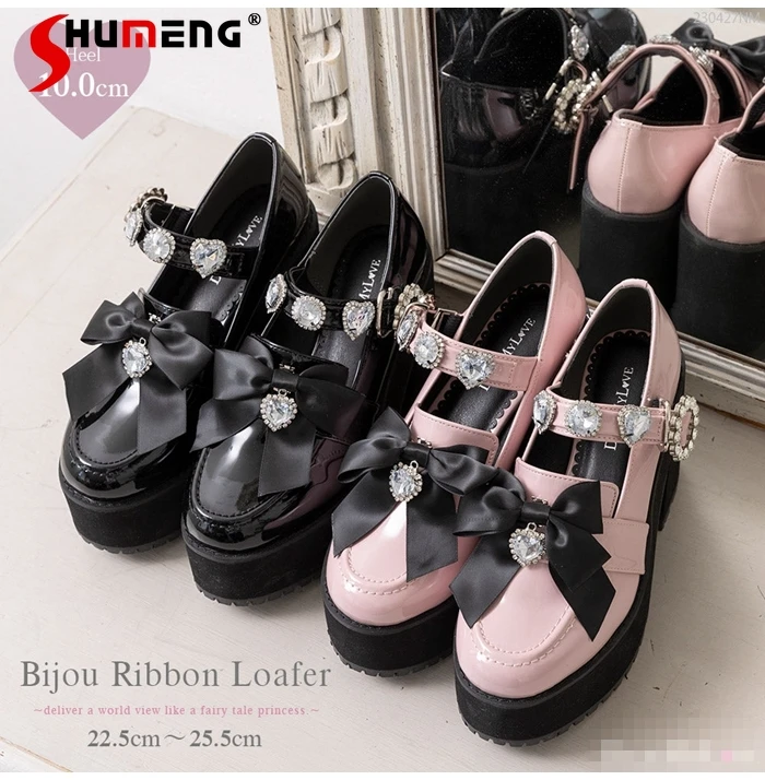 Japanese Mines Style Sweet Cute Lolita Shoes Bow Love Rhinestone Buckle High Heels Retro Versatile Platform Shoes Pumps Women