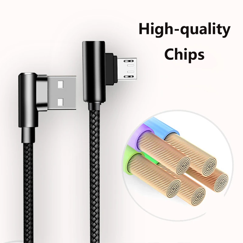 Micro cabo de dados usb de náilon 90 graus ângulo direito cotovelo fio usb 2.0 2a cabo de carregamento para micro usb android sistema telefone tablet