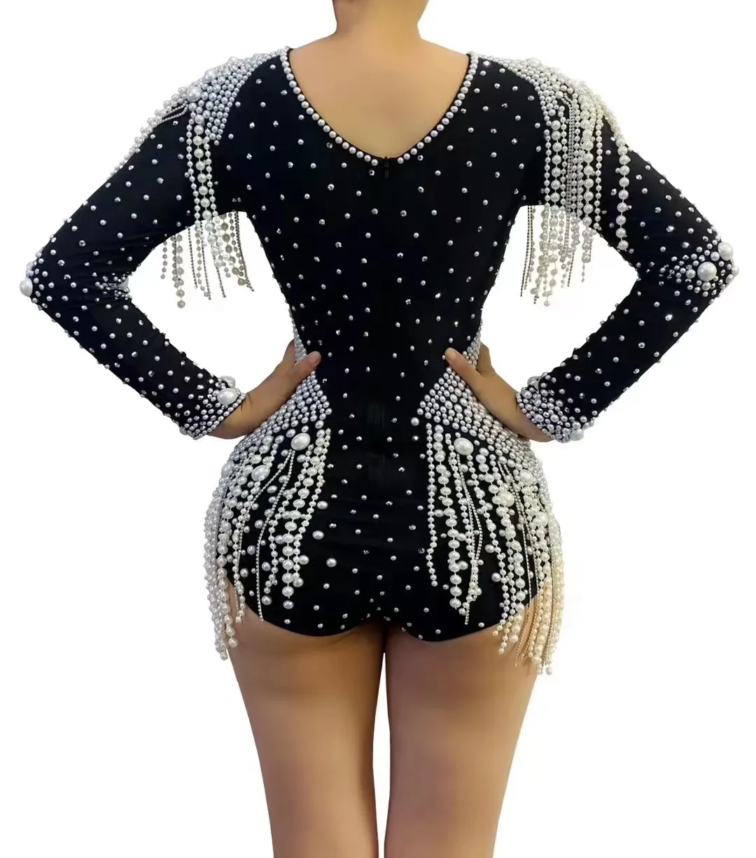 Sexy Hollow Out Rhinestones Bodysuit Pole Dance Costume Pearls Tassel Drag Queen Outfit Singer Performance Stage Photoshoot Wear