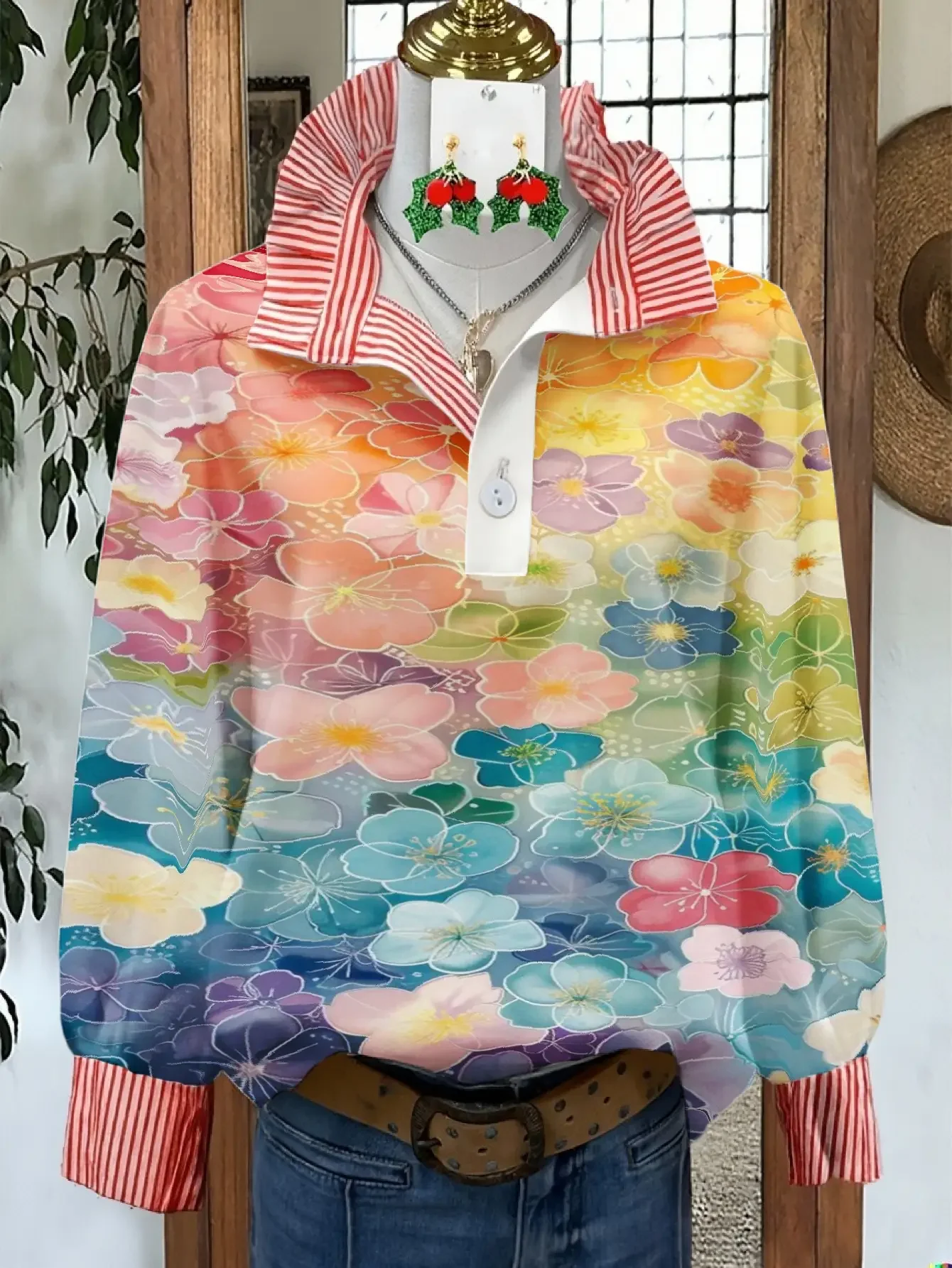 Women's striped personalized fashion shirt, multi-color striped collar, Plain checkered shirt for women