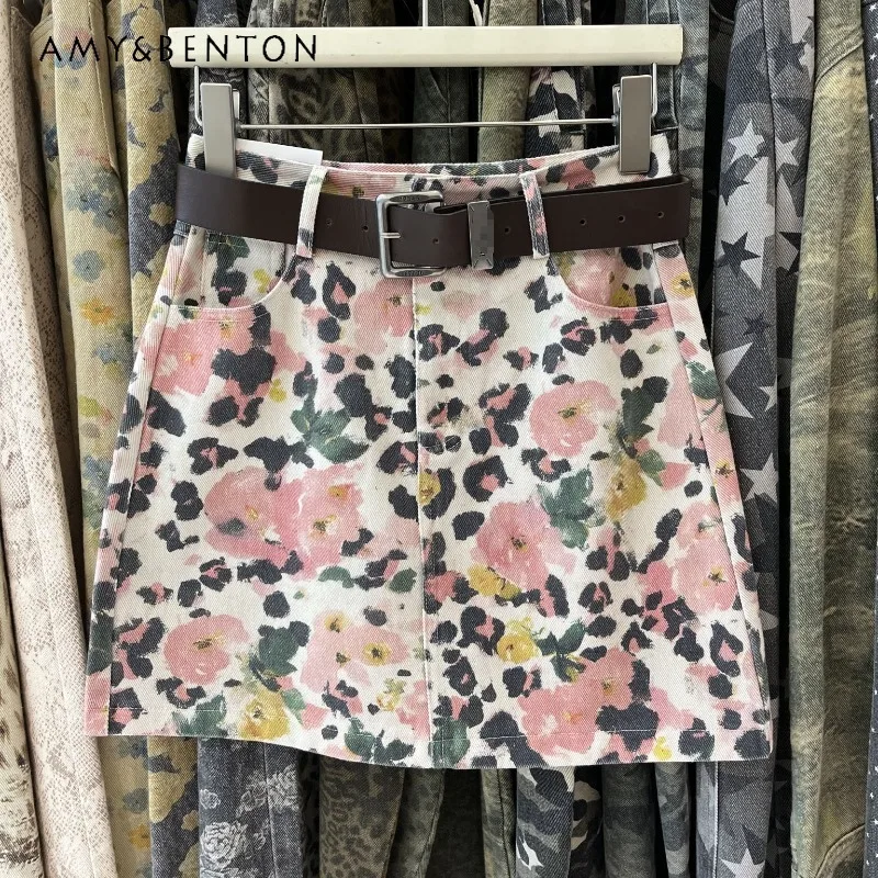 

Summer Pink Printed Denim Half Skirt Women's Y2k High Waist Slim A Line Hip Skirts Fashion Casual All Match Daily Bottom Wear