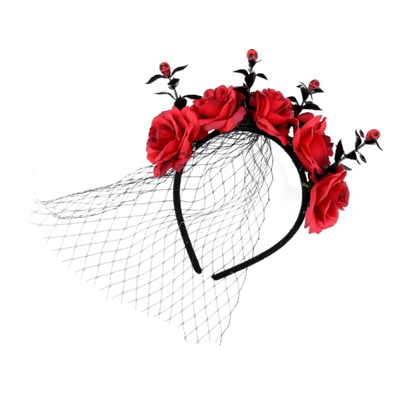 Elegant Rose and Tulle Hair Hoop for Halloween Festivities Adjustable Size Headband Comfortable Hairband Party Ornament