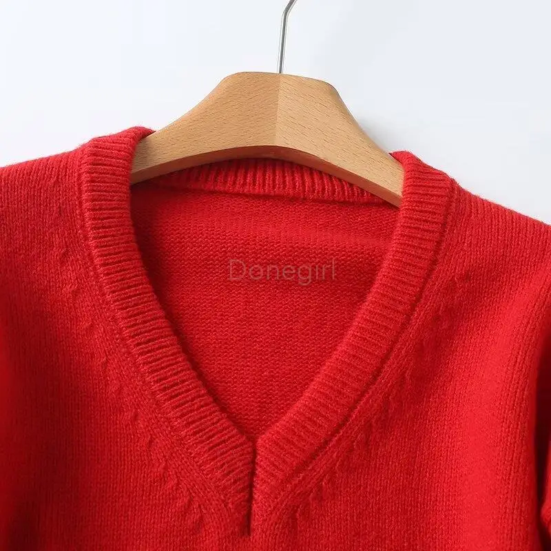 Donegirl 2024 Women Spring Autumn New Red V-neck Knitted Sweater Loose Pullovers Solid Casual Elegant Commute Tops Female Chic