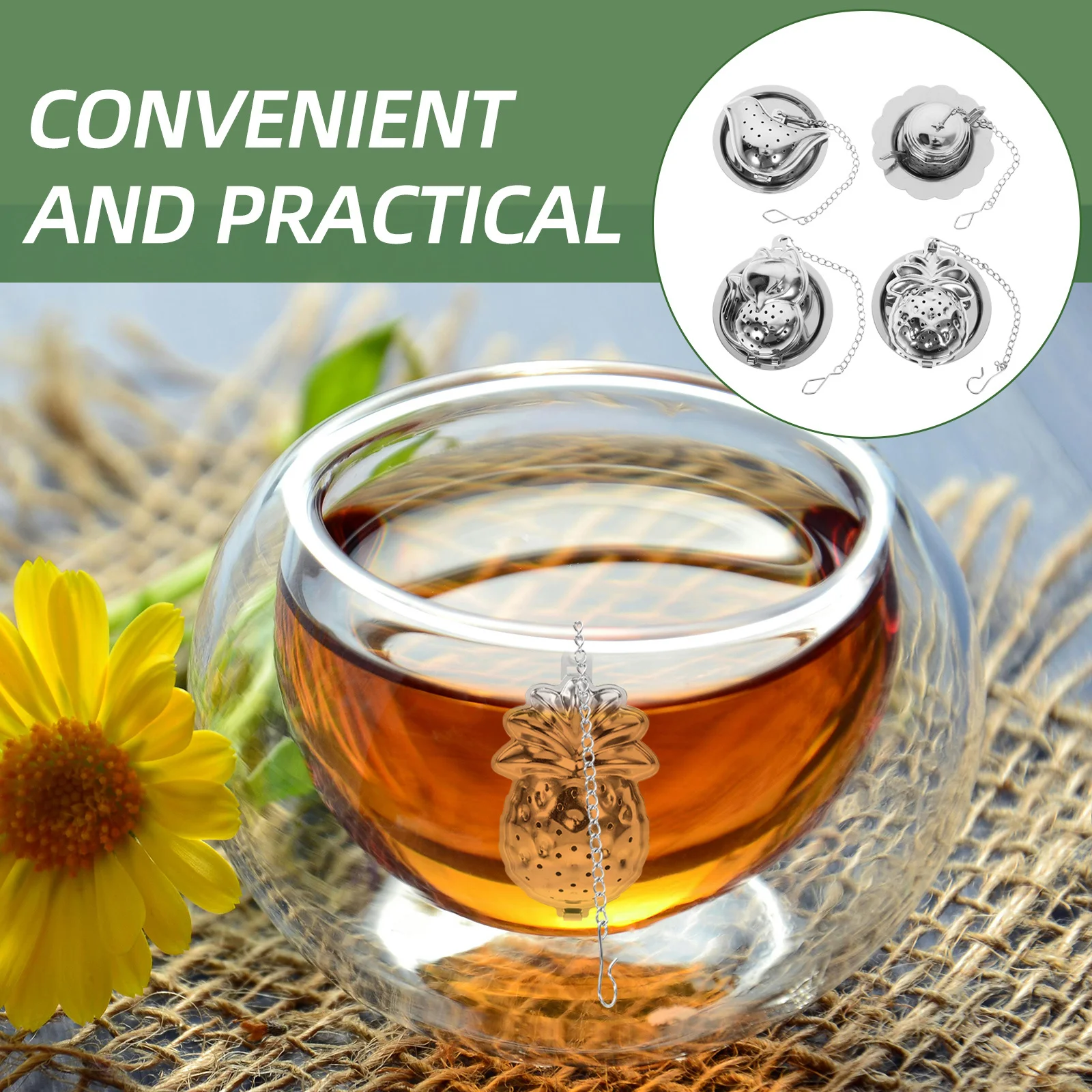 

4Sets Tea Infuser Stainless Steel Split Structure Bird Pineapple Fox Teapot Shapes Reusable Metal Loose Leaf Tea Strainer