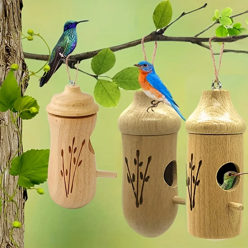 Wooden Hanging Hummingbird House Chalet Mini Bird Nest Cage Beautiful Outdoor Patio Garden Decoration Pet Bedroom