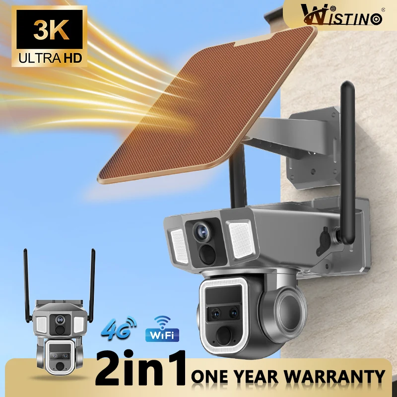 

Wistino Solar 4G WIFI 2IN1 Security IP Camera 3K Dual Lens 6MP Outdoor 10X Zoom Monitor SIM Card PTZ Solar Security Camera