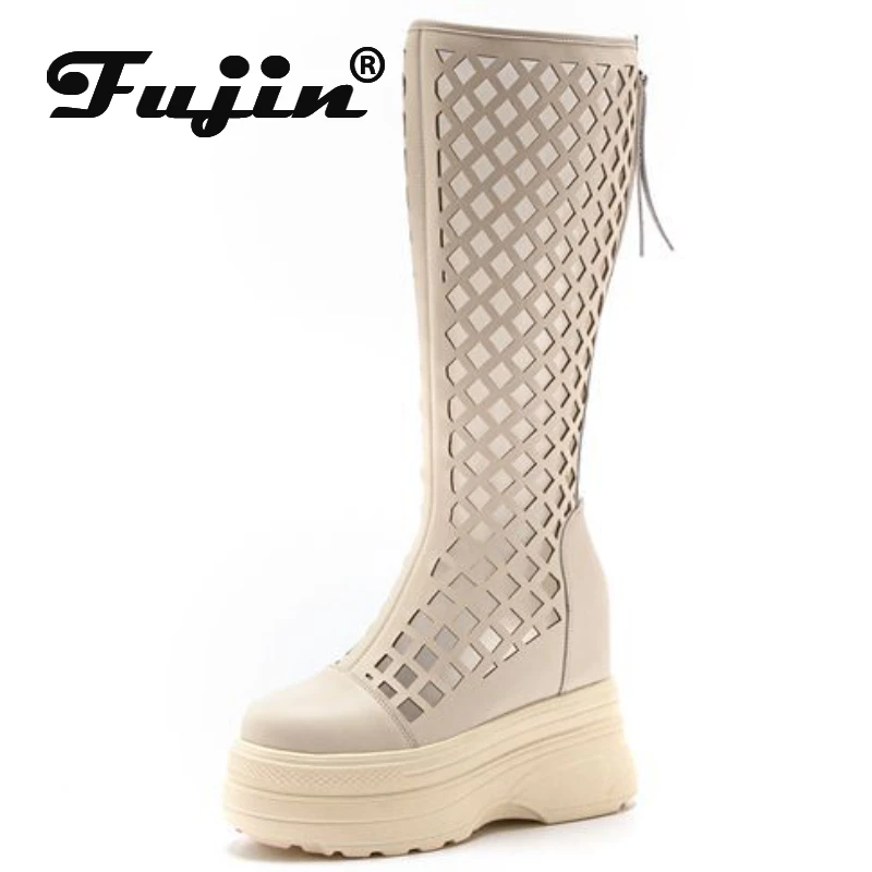 Fujin 11cm Cow Genuine Leather Fashion Breathable ZIP Sandals Hidden Heels Ankle Booties Knee High Platform Wedge Hollow Shoes