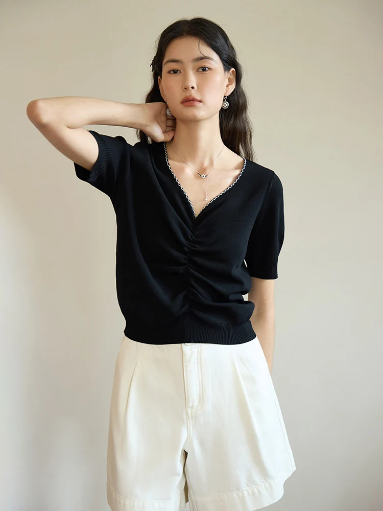 DUSHU【2 Colors】Women Simple Summer Thin V-neck Pleated Design T-shirts Female Knitted Loose Casual Short Sleeve Tops 24DS82525