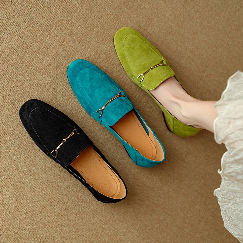 

Cow Suede 2026 Spring New Slip On Loafers Vintage Metal Horsebit Detail Lazy Chic Flats for Women