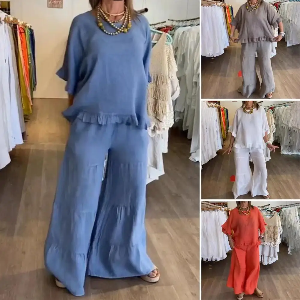Women Casual Two-piece Set Stylish Women's Ruffle Patchwork Top Wide Leg Trousers Set for Daily Wear Elegant Blouse for Women's