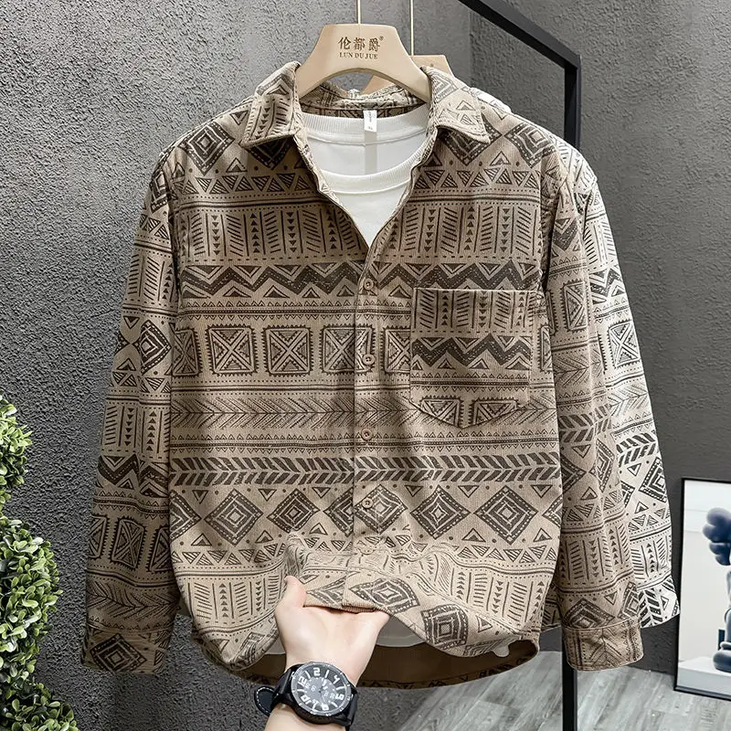 

Spring and Autumn Fashion Print New Men's Loose Long Sleeve Shirt Casual Personalized Versatile Top
