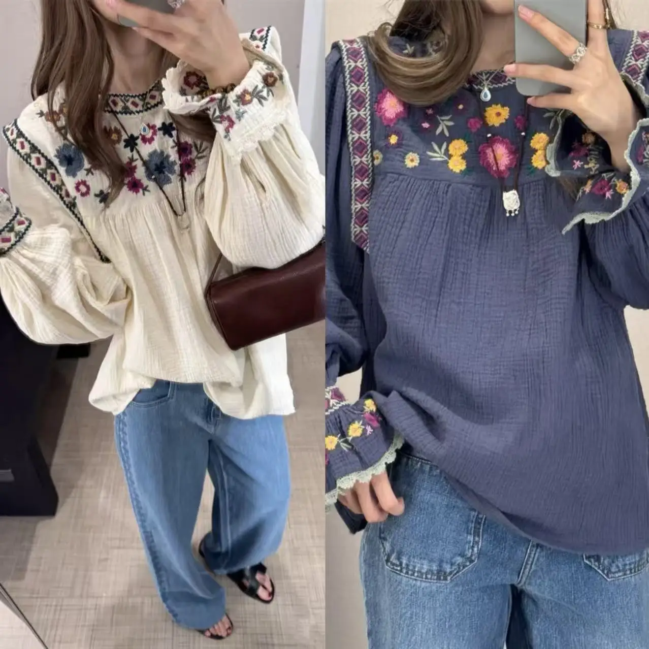 

Retro Floral Embroidery Loose Fit round Ne Bell Sve irt Autumn Winter New Sle Women's Premium Cotton Casual Top