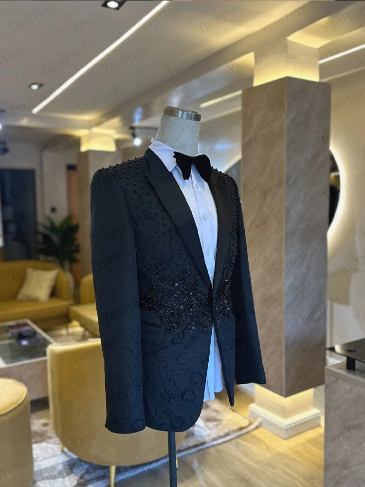 Yimi Customized Elegant Beads Men Suits Slim Fit Peak Lapel Groom Tuxedos 2 Pieces Sets Male Blazer Casual Hombre Evening Jacket