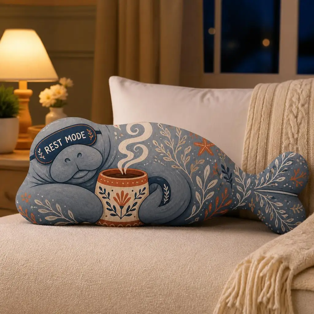 Rest Mode Manatee Plush Pillow Sleepy Sea Cow Cushion with Tea Cozy Coastal Throw Pillow Stuffed Shaped Relaxation Gift Decor