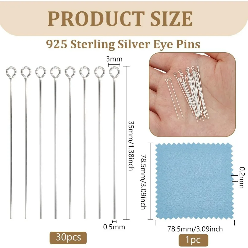 30Pcs 925 Sterling Silver Eye Pins 24 Gauge 1.4 Inch Head Pins for Jewlry Making Silver Pins for Pendants Earrings making kit