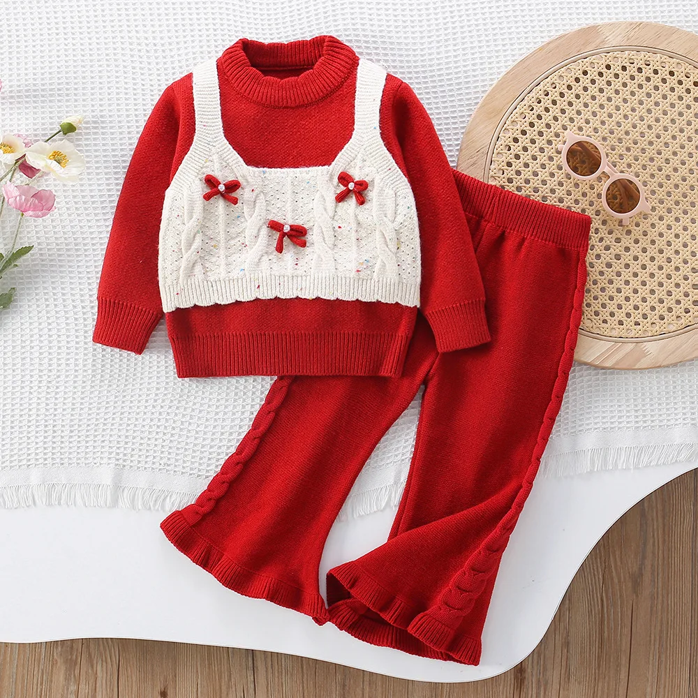 

Girls Knitted Clothing Sets Autumn Winter Children Woolen Jersey Sweaters Tops Pants 2pcs Princess Suit For Baby Outfits Kids 6Y
