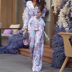 2 Pieces Women's Sets 2024 Summer Autumn Print Tracksuits Suit Tops And Wide Leg Pants Suits Two Piece Set Tracksuit Outfit