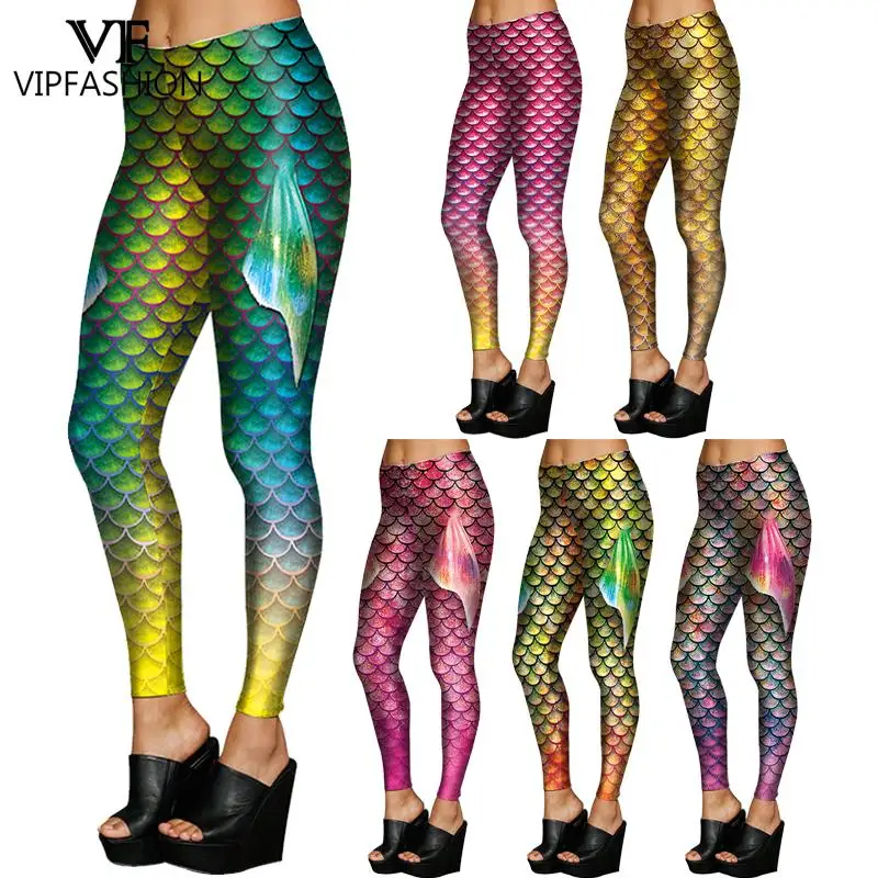 VIP FASHION Legging z wysokim stanem Slim Elasticity Skinny Spandex Sexy Colorful Scales Printed Push Up Fitness Mermaid Legging Pants