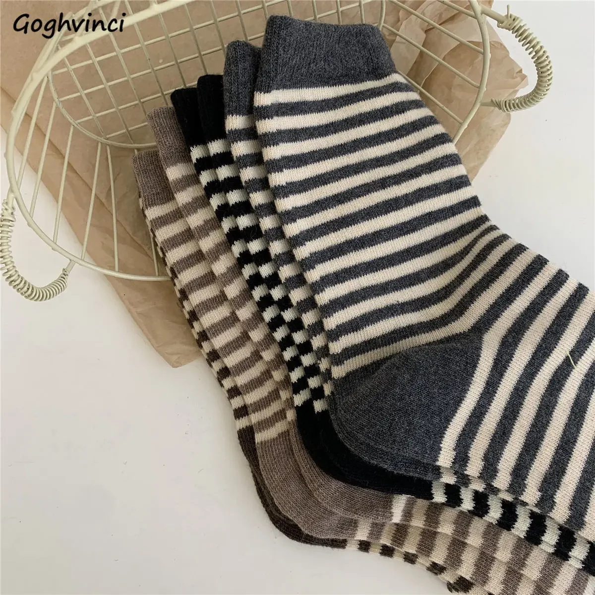 Socks Women Gothic Striped Korean All-match Fashion Unisex Breathable Leisure Comfy Ladies Middle Tube Elasticity Daily