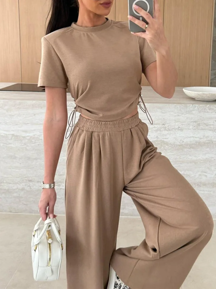 

New Fashion Two Pieces Set for Women Elegant Summer Tshirts Short Sleeve Suit Office Lady Long Wide Leg Pants Sets Women Robe