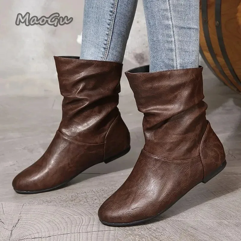 Größe 36-42 Herbst Frauen Leder Kurze Stiefel Slip auf Mode Plissee Runde Kappe Niedrigen Absatz frauen Stiefel botines Para Mujeres Botas – Detail 6