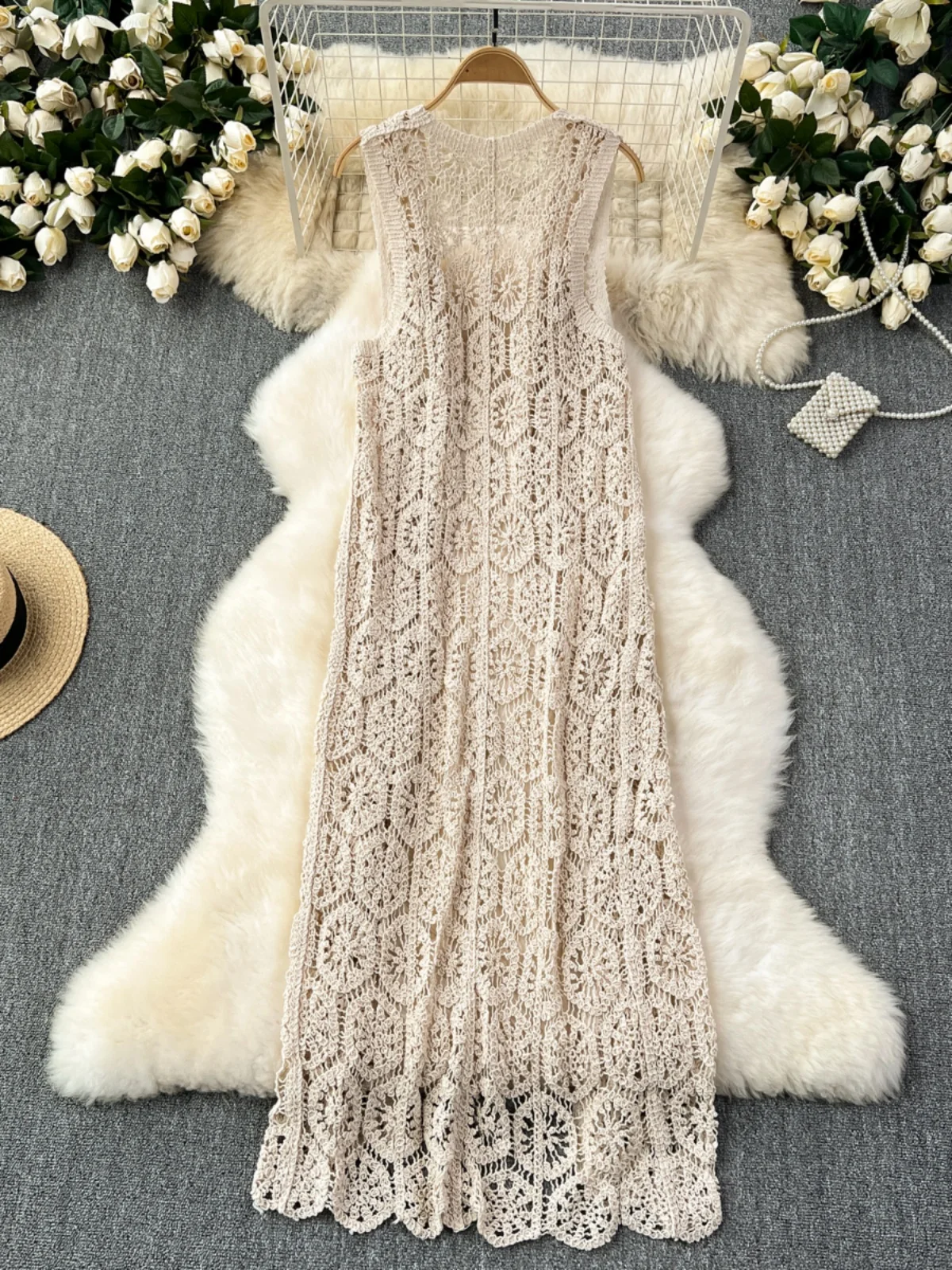 Longline Crochet Cardigan Button Front Sleeveless Sheer Open-knit Long Cover-up Jacket Women Summer Beach Vacation Outfit