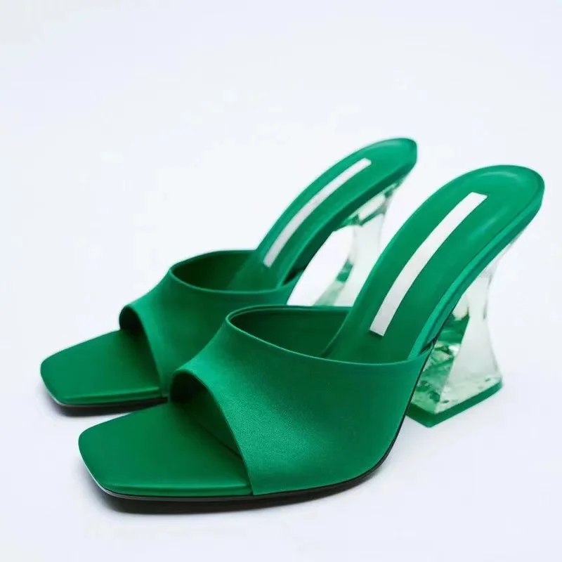 Summer Green Women\'s Shoes Slippers Silky Wide Band Transparent Strange High Heels Comfortable PU Leather Slides Sandals Pumps