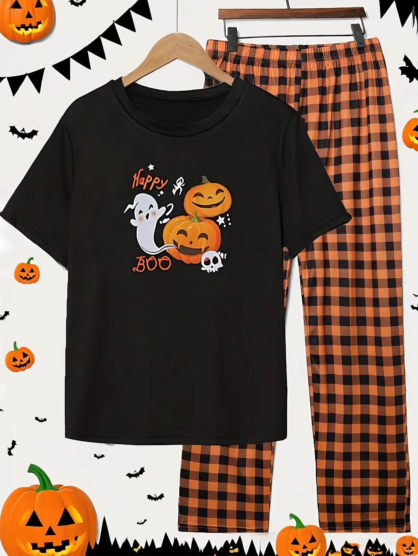 

【 Halloween 】 Men's Halloween Pumpkin Ghost Letter Printed short-sleeved shirt and long pants Home wear set