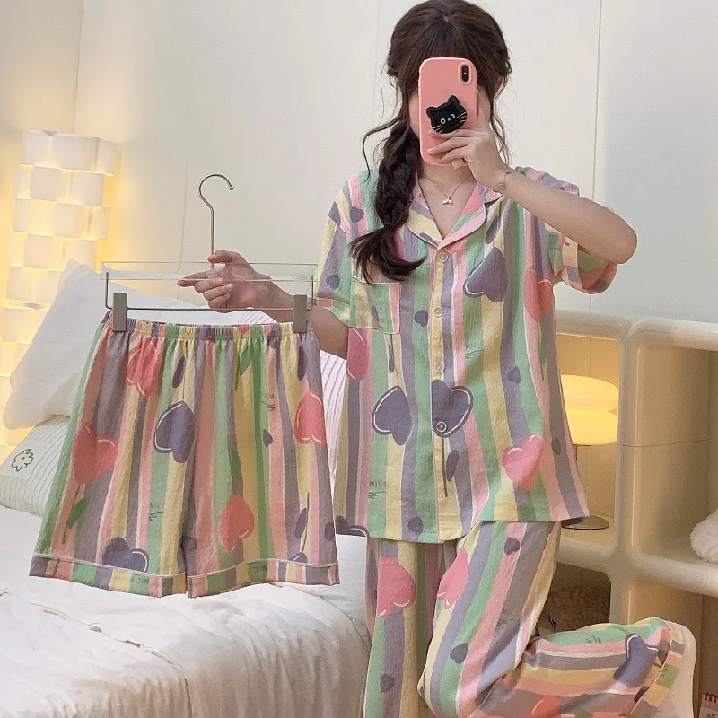 Women\'s New Three-Piece Pajamas Homewear Striped Printed Dopamine Colorful Clouds Cotton Short-Sleeved Shorts Girls Homewear