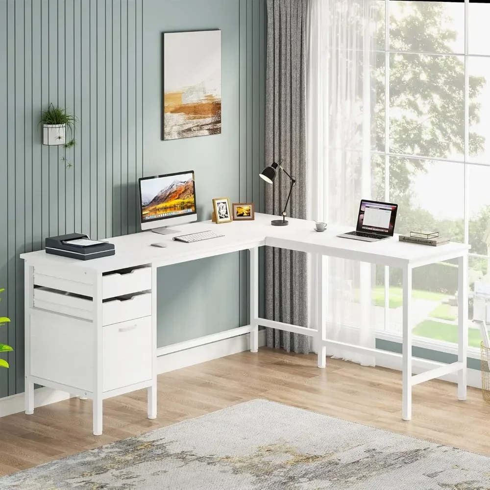 L Shaped Desk with File Drawer Cabinet, 59 Inch Corner Desk L Shaped Computer with Drawers