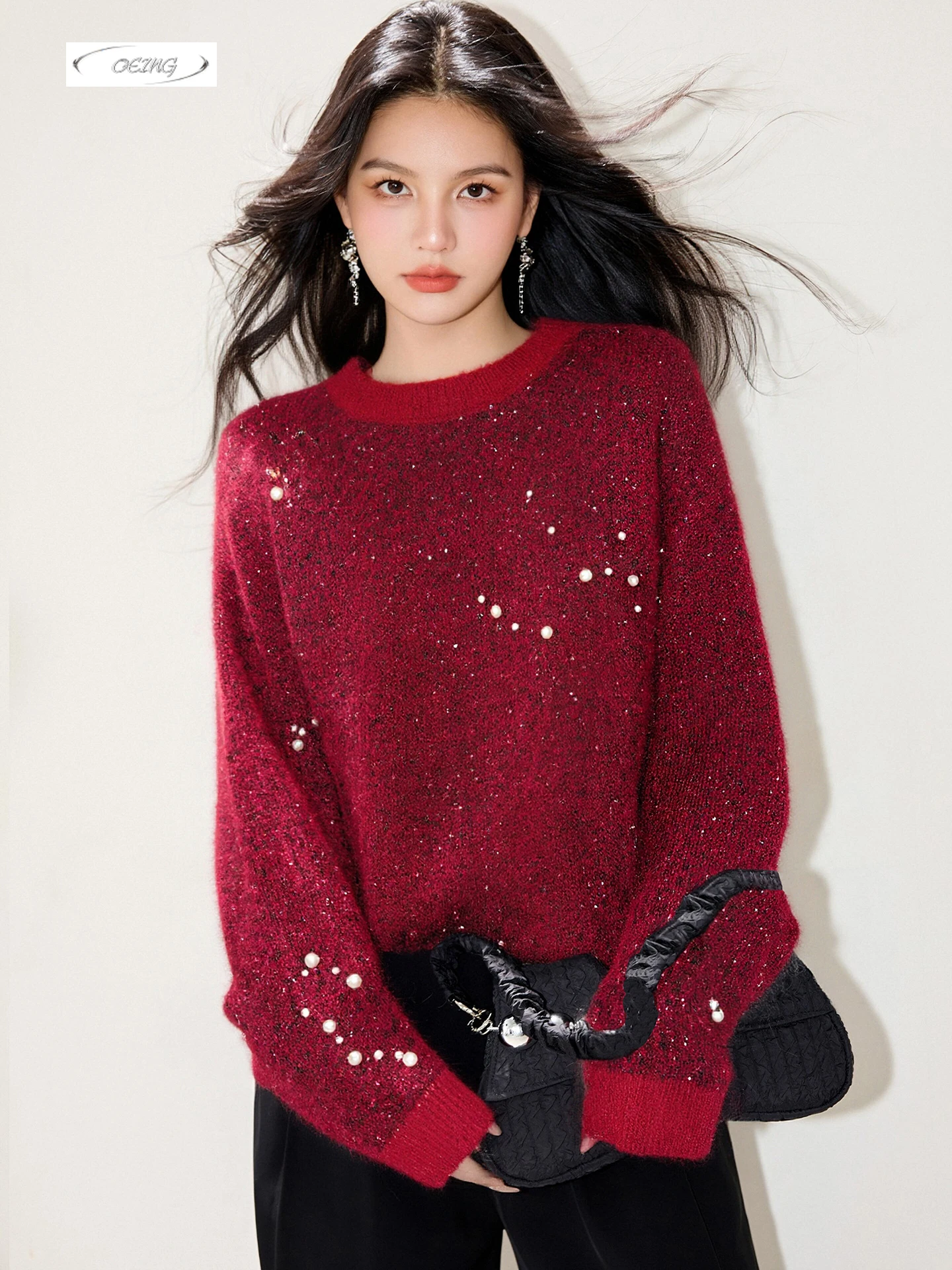 

Autumn Winter Thick Beading Basic Loose Swater for Women Knitted Pullover Tops Long Sleeve O-neck Solid Color Knitwear 9815