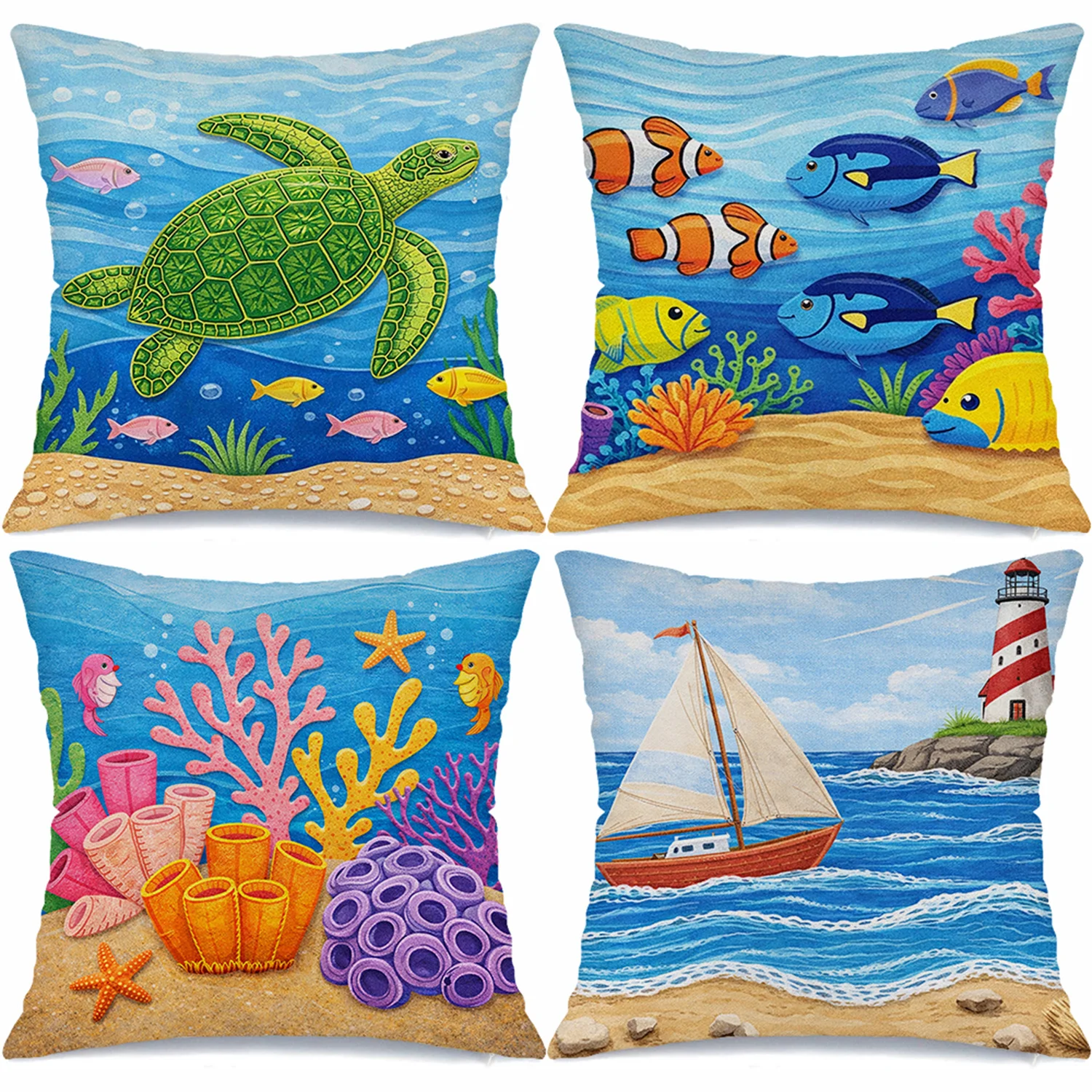 Kissenbezug mit Cartoon-Schildkröten- und tropischen Fischmotiven, kurzer Plüsch, geeignet für Wohnzimmer, Schlafzimmer, Sofas, Dekokissenbezug
