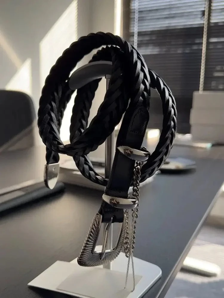 JieDa retro vegetable tanned first layer cowhide hand woven belt chain decoration 91yxng/code belt