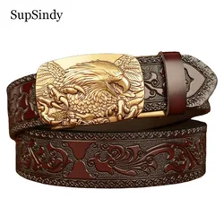 SupSindy Men Genuine Leather Belt Luxury Eagle Metal Automatic Buckle Cowhide Belts for Men Jeans Waistband Male Strap Black