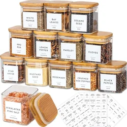 5oz Square Spice Jars with Bamboo Lids/Sticker Labels, Food Storage Container Canisters Glass Jars Set with Spice Labels