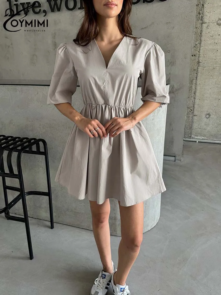 Oymimi Casual Light Gray V-Neck Womens Dresses Elegant Half Sleeve High Waisted Dresses Fashion Pleated Mini Dress Streetwear