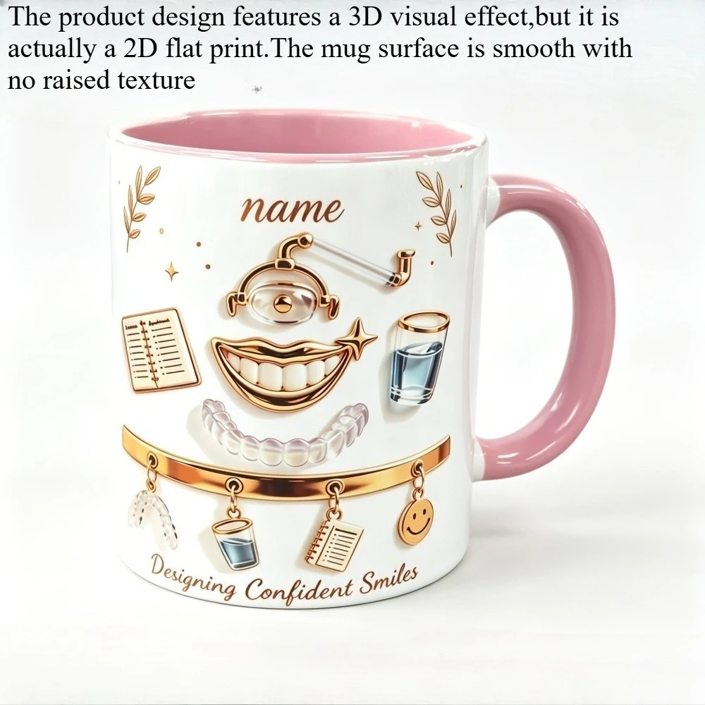 1pc Custom Name Dentist Doctor Mug Coffee Cup 11 Oz White Ceramic Cup Pink Handle 2D Flat Printing Braces Invisalign Design for