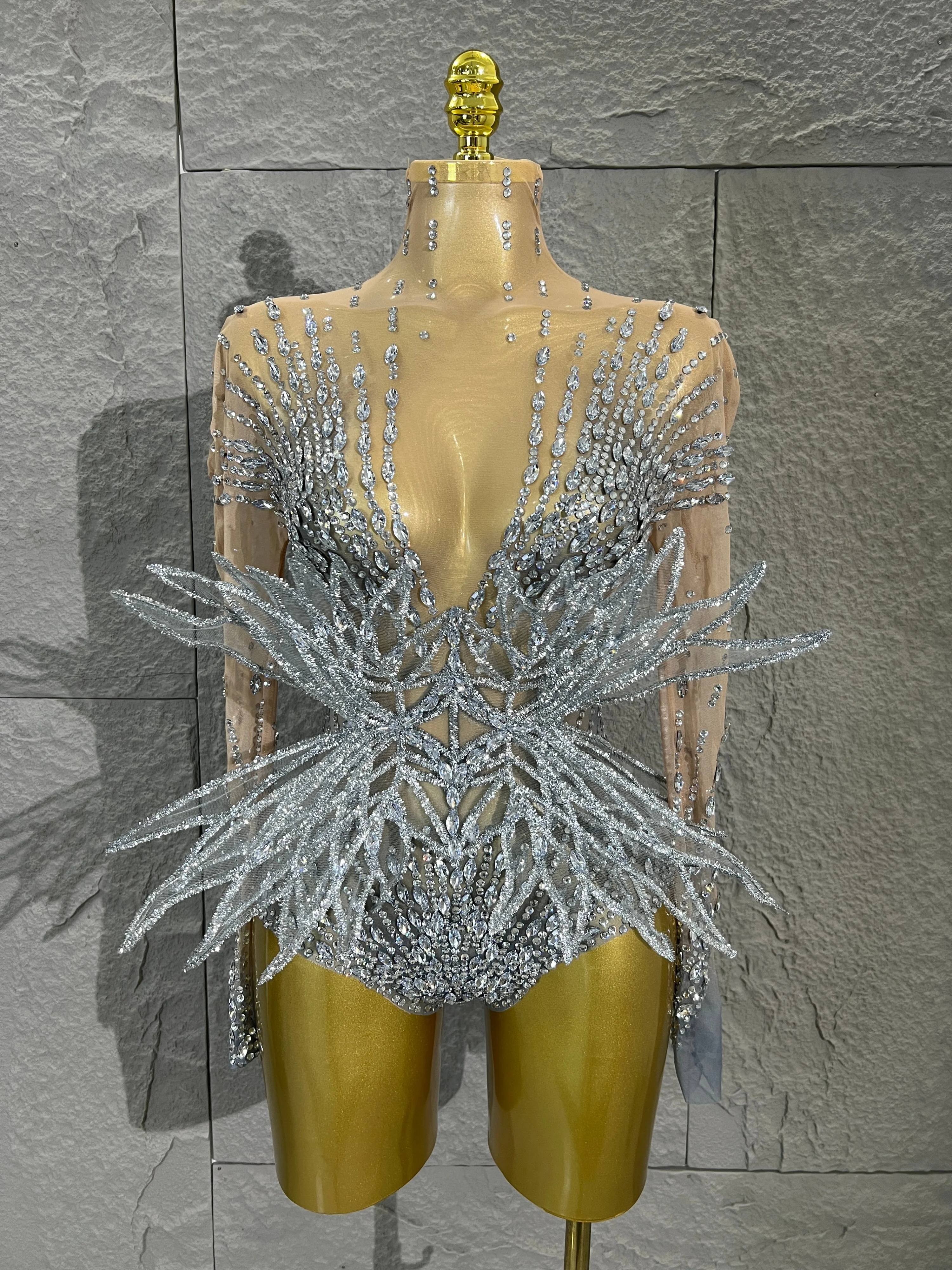 Image of Sexy Damen Funkelnder Kristall-Bodysuit Langarm Durchsichtiger Mesh-Jumpsuit Abendparty Bar-Tänzerin Bühnenoutfit für Sängerinnen