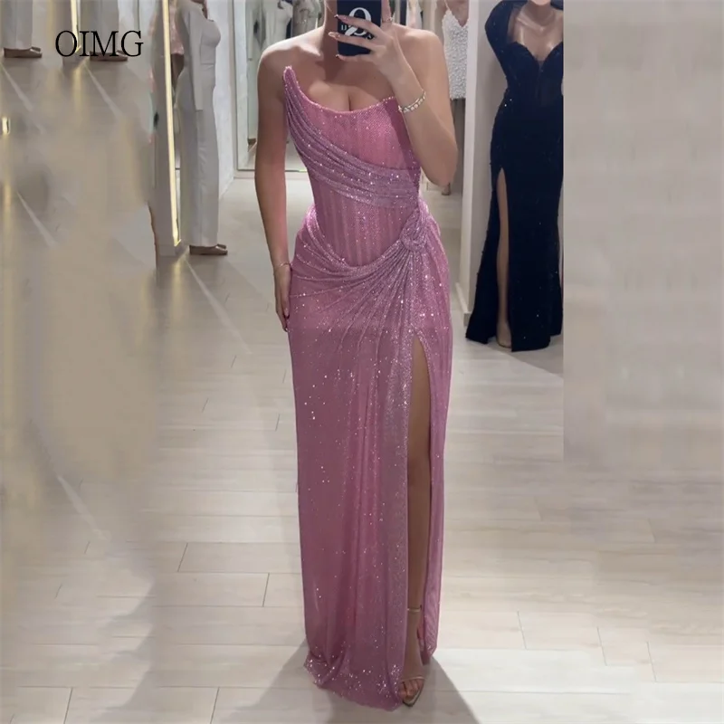 

OIMG Glitter Pink Strapless Mermaid Prom Gowns Backless Pleated Party Gown Side Slit Floor Length Evening Dress Customized