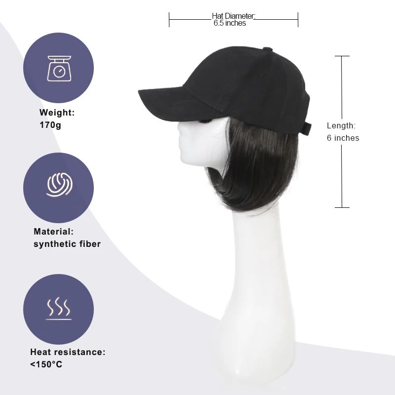 Peruca de chapéu LUPU de 6 polegadas com boné de beisebol – Peruca de chapéu ajustável feminina com peruca sintética fácil de combinar e usar